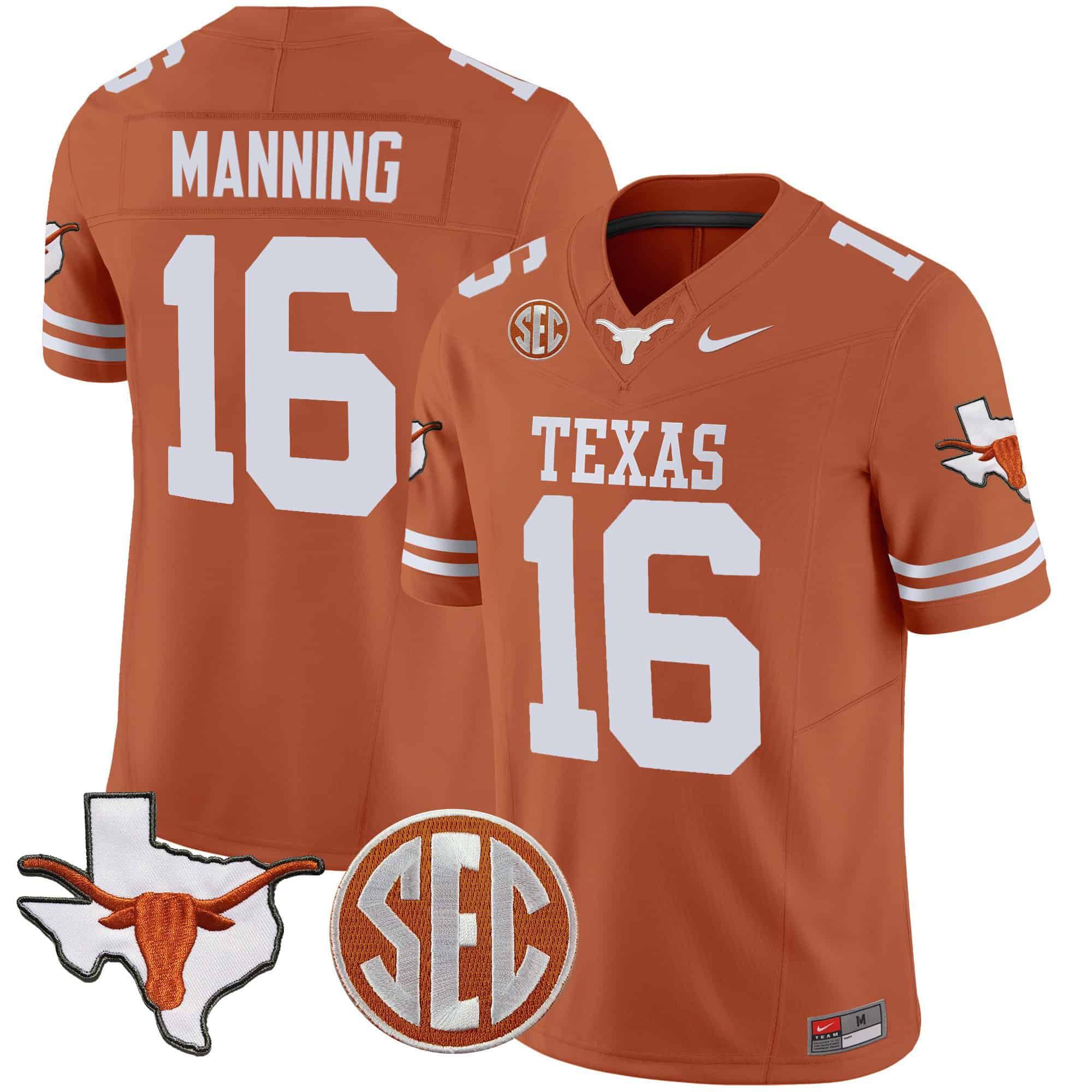 Men Texas Longhorns #16 Manning Orange 2024 Nike State Map & SEC Patch Vapor NCAA Jersey style 1